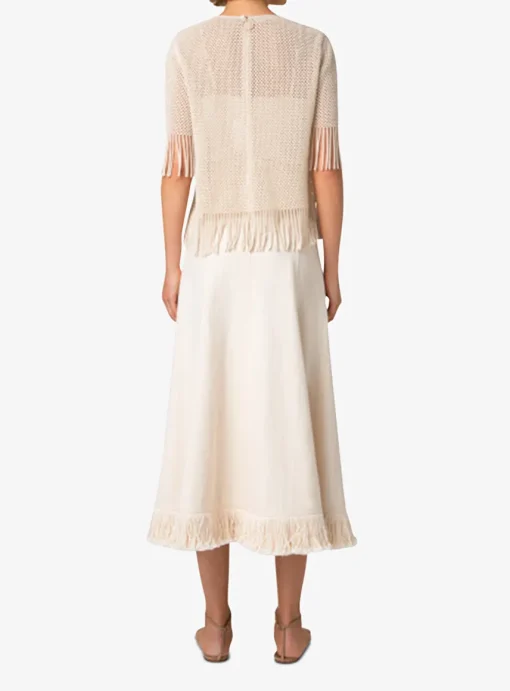 Top opengewerkt beige met franjes | DELSCHER. Fashion
