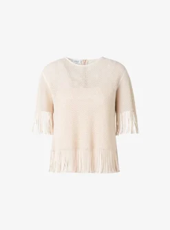 Top opengewerkt beige met franjes | DELSCHER. Fashion