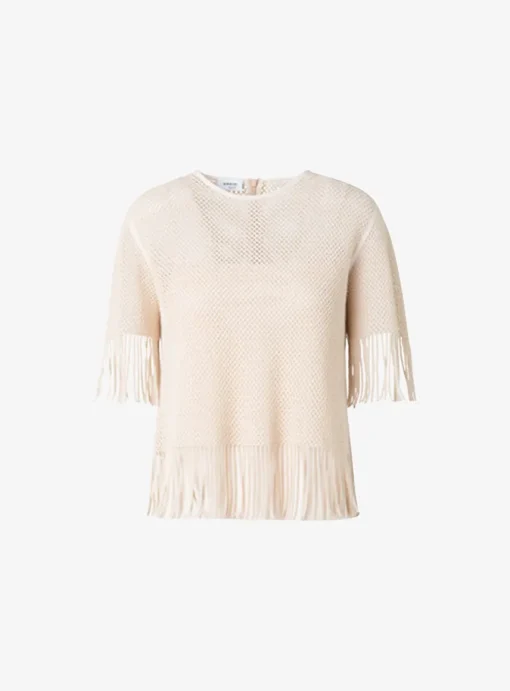 Top opengewerkt beige met franjes | DELSCHER. Fashion