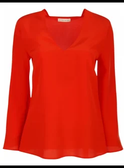 Top zijde rood met v hals | DELSCHER. Fashion