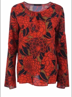 top zijde rood print met zwart | DELSCHER. Fashion