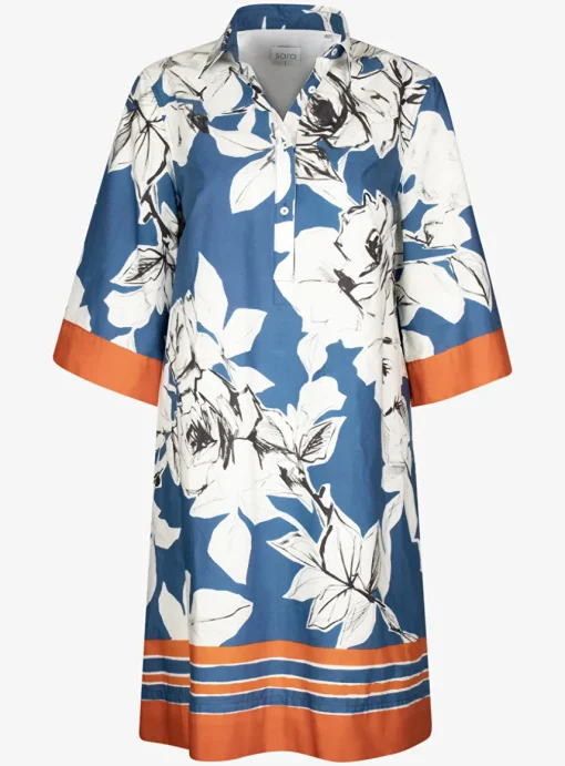 Tuniekjurk blauw bloemen met oranje bies | DELSCHER. Fashion